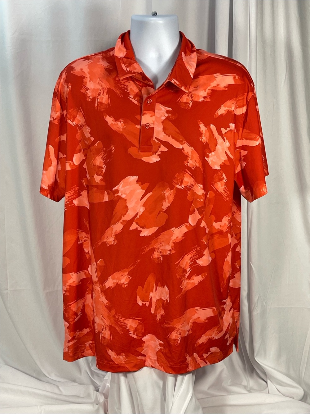 Birdiebound Men's Red Abstract Brushstroke Polo. Vibrant, loose fit size XL